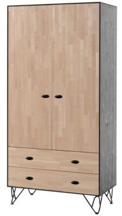 Armoire 2 Portes 2 Tiroirs Bois Massif Clair Et Gris Arna