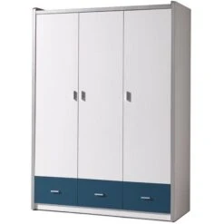 Armoire 3 Portes 3 Tiroirs Bois Blanc Et Bleu Bonny