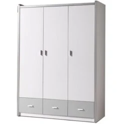 Armoire 3 Portes 3 Tiroirs Bois Blanc Et Gris Bonny