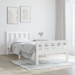Cadre De Lit Blanc Bois Massif 90x190 Cm Simple 4