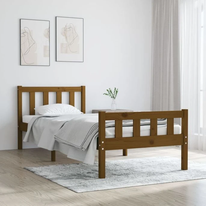 Cadre De Lit Marron Miel Bois Massif 90x190 Cm Simple 2