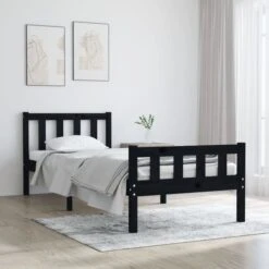 Cadre De Lit Noir Bois Massif 90x190 Cm Simple 6