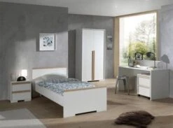 Chambre 2 Pièces Lit Et Chevet 2 Tiroirs Bois Hêtre Blanc Mat London 90x200 Cm