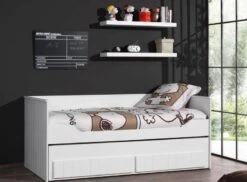 Chambre Enfant 2 Pièces Lit Banquette Et 2 étagères Bois Laqué Blanc Robin 90x200 Cm