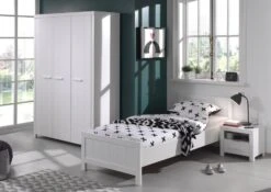 Chambre Enfant 3 Pièces Lit Chevet Et Armoire 3 Portes Pin Massif Laqué Blanc Erik 90x200 Cm