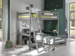 Chambre Enfant 3 Pièces Lit Mezzanine Lit Simple Et Bibliothèque Pin Massif Gris Pino 90/140x200 Cm