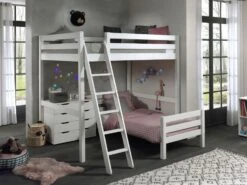 Chambre Enfant 3 Pièces Lit Mezzanine Lit Simple Et Commode 4 Tiroirs Pin Massif Blanc Pino 90/140x200 Cm