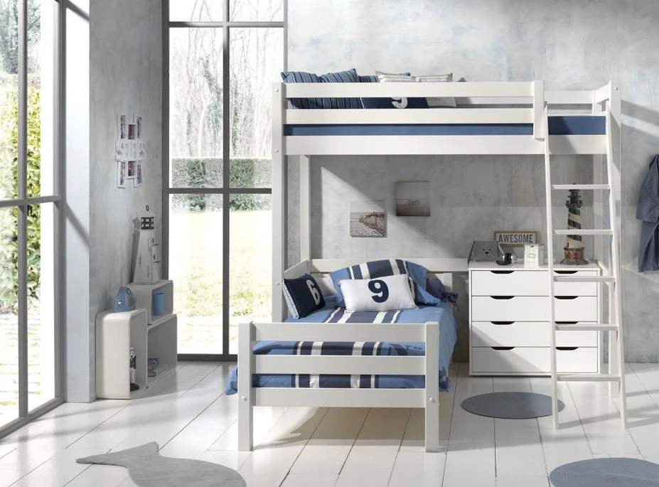 Chambre Enfant 3 Pièces Lit Mezzanine Lit Simple Et Commode 4 Tiroirs Pin Massif Blanc Pino 90x200 Cm 2 Chambre Enfant 3 Pièces Lit Mezzanine Lit Simple Et Commode 4 Tiroirs Pin Massif Blanc Pino 90x200 Cm – Image 2
