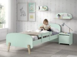 Chambre Enfant 3 Pièces Lit Rambarde Et Chevet Bois Laqué Vert Et Pin Clair Kiddy 90x200 Cm