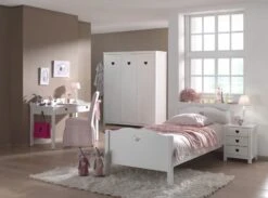 Chambre Enfant 4 Pièces Lit Chevet Bureau Et Armoire 3 Portes Bois Laqué Blanc Cœur 90x200 Cm