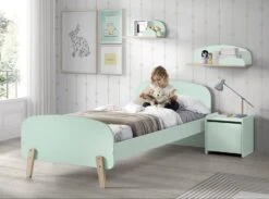 Chambre Enfant 4 Pièces Lit Chevet Et 2 étagères Bois Laqué Vert Et Pin Clair Kiddy 90x200 Cm