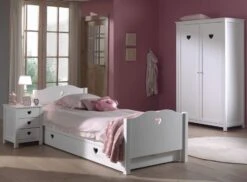 Chambre Enfant 4 Pièces Lit Gigogne Chevet Et Armoire 2 Portes Bois Laqué Blanc Cœur 90x200 Cm