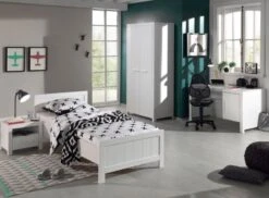 Chambre Enfant 4 Pièces Lit Sommier Chevet Et Armoire 2 Portes Pin Massif Laqué Blanc Erik 90x200 Cm