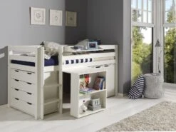 Chambre Enfant 5 Pièces Lit Bureau 2 Commodes Et étagère Pin Massif Blanc Pino 90x200 Cm