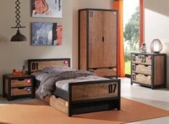 Chambre Enfant 5 Pièces Lit Gigogne Chevet Armoire Et Commode Pin Massif Foncé Et Noir Alex 90x200 Cm