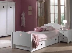 Chambre Enfant 5 Pièces Lit Gigogne Sommier Chevet Et Armoire 2 Portes Bois Laqué Blanc Cœur 90x200 Cm