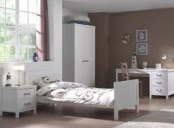 Chambre Enfant 5 Pièces Lit Gigogne Sommier Chevet Et Armoire 2 Portes Bois Laqué Blanc Lewis 90x200 Cm