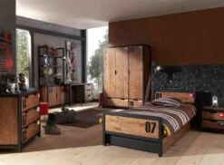 Chambre Enfant 5 Pièces Lit Gigogne Sommier Chevet Et Armoire 3 Portes Pin Massif Foncé Et Noir Alex 90x200 Cm