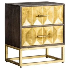 Chevet 2 Tiroirs Métal Doré Et Bois Massif Foncé Kopa