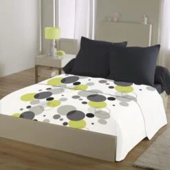 CHUPPS Parure De Draps - 1 Drap Plat 240x300cm + 1 Drap Housse 140x190cm + 2 Taies 63x63cm - Gris Blanc Et Anis