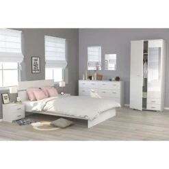COSMOS Chambre Complete 140 X 200 Cm - Contemporain - Décor Blanc - 2 Chevets L 39 Cm, 1 Commode L 153 Cm Et 1 Armoire L 90 Cm