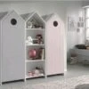 Ensemble 2 Armoires Enfant Gris & Rose Et 1 Bibliothèque Blanche Bois Laqué Camila