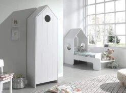 Ensemble Lit Maison Blanc Avec Banc 70x140 Cm Et Armoire Blanc Bois Laqué Camila