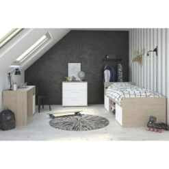 LIAM Chambre Enfant Complete 3 Pieces - Lit + Commode + Bureau - Style Contemporain - Décor Chene Jackson Et Blanc