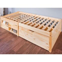 Lit 3 Tiroirs 2 Niches Pin Massif Clair Mura 90x200 Cm -Vente De Chambre lit 3 tiroirs 2 niches pin massif clair farum 4010340346207 402398