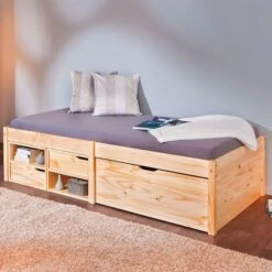 Lit 3 Tiroirs 2 Niches Pin Massif Clair Mura 90x200 Cm -Vente De Chambre lit 3 tiroirs 2 niches pin massif clair farum 4010340346207 402399