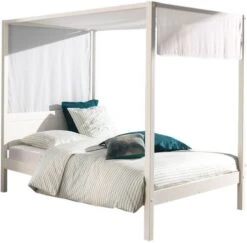 Lit à Baldaquin 140x200 Cm Avec Ciel De Lit Pin Massif Laqué Blanc Pinie