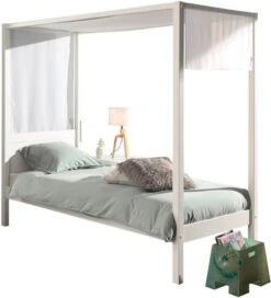 Lit à Baldaquin 90x200 Cm Avec Ciel De Lit Pin Massif Laqué Blanc Pinie