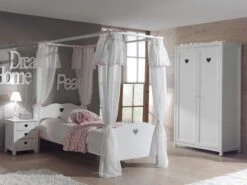 Lit à Baldaquin 90x200 Cm Avec Sommier Et Voile Bois Laqué Blanc Cœur -Vente De Chambre lit a baldaquin 90x200 cm avec sommier et voile bois laque blanc c ur 5420070224963 691550