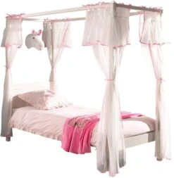 Lit à Baldaquin 90x200 Cm Avec Voile Pin Massif Laqué Blanc Pinie