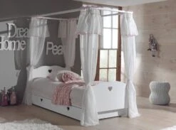 Lit à Baldaquin Gigogne Avec Sommier Et Voile Bois Laqué Blanc Cœur 90x200 Cm