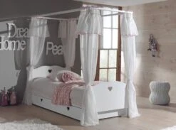 Lit à Baldaquin Gigogne 90x200 Cm Avec Voile Bois Laqué Blanc Cœur