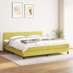 Lit à Sommier Tapissier Avec Matelas Vert 200x200 Cm Tissu 3