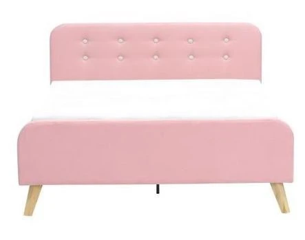 Lit Adulte 140 X 190 Cm - Tissu Imitation Lin Rose Et Boutons Roses - Sommier Inclus - ASHBY