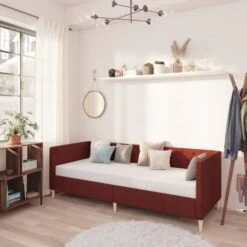 Lit Avec Matelas Et éclairage USB Rouge Bordeaux Tissu 90x200cm 11