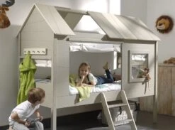 Lit Cabane 90x200 Cm Avec Rideau Et Sommier Pin Massif Gris Et Taupe Charlotte