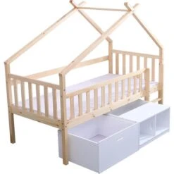 Lit Cabane Surélevé Avec Bacs De Rangements Beige Et Blanc -Vente De Chambre lit cabane sureleve avec bacs de rangements beige et blanc 3248116160172 529642