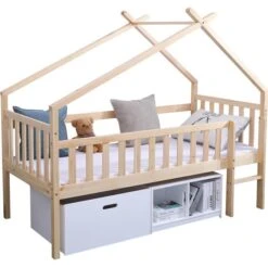 Lit Cabane Surélevé Avec Bacs De Rangements Beige Et Blanc -Vente De Chambre lit cabane sureleve avec bacs de rangements beige et blanc 3248116160172 529644