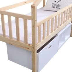 Lit Cabane Surélevé Avec Bacs De Rangements Beige Et Blanc -Vente De Chambre lit cabane sureleve avec bacs de rangements beige et blanc 3248116160172 529647