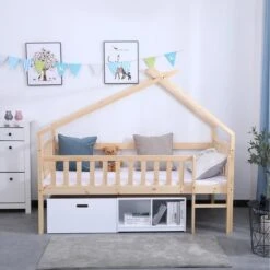 Lit Cabane Surélevé Avec Bacs De Rangements Beige Et Blanc -Vente De Chambre lit cabane sureleve avec bacs de rangements beige et blanc 3248116160172 529648