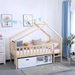 Lit Cabane Surélevé Avec Bacs De Rangements Beige Et Blanc -Vente De Chambre lit cabane sureleve avec bacs de rangements beige et blanc 3248116160172 529649