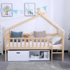 Lit Cabane Surélevé Avec Bacs De Rangements Beige Et Blanc -Vente De Chambre lit cabane sureleve avec bacs de rangements beige et blanc 3248116160172 529652