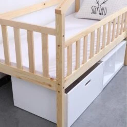 Lit Cabane Surélevé Avec Bacs De Rangements Beige Et Blanc -Vente De Chambre lit cabane sureleve avec bacs de rangements beige et blanc 3248116160172 529659