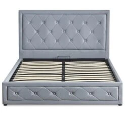 Lit Coffre 140x190 Cm Simili Cuir Gris Capitonné Maldi