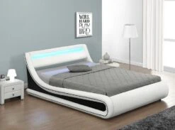 Lit Coffre à Led 140x190 Cm Simili Cuir Blanc Liseré Noir Lenna