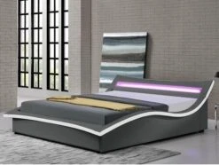 Lit Coffre à Led Simili Cuir Gris Liseré Blanc Vogue 180x200 Cm